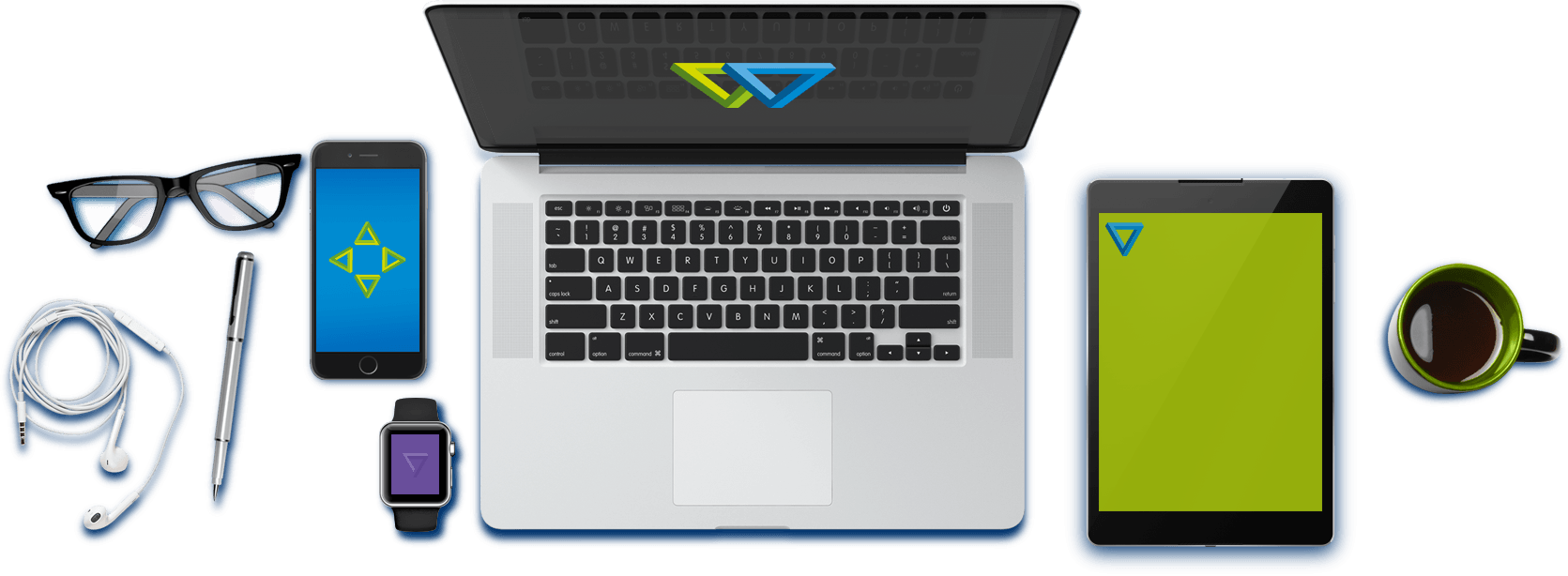 Laptop, phone, tablet and watch showing the oWorld logo